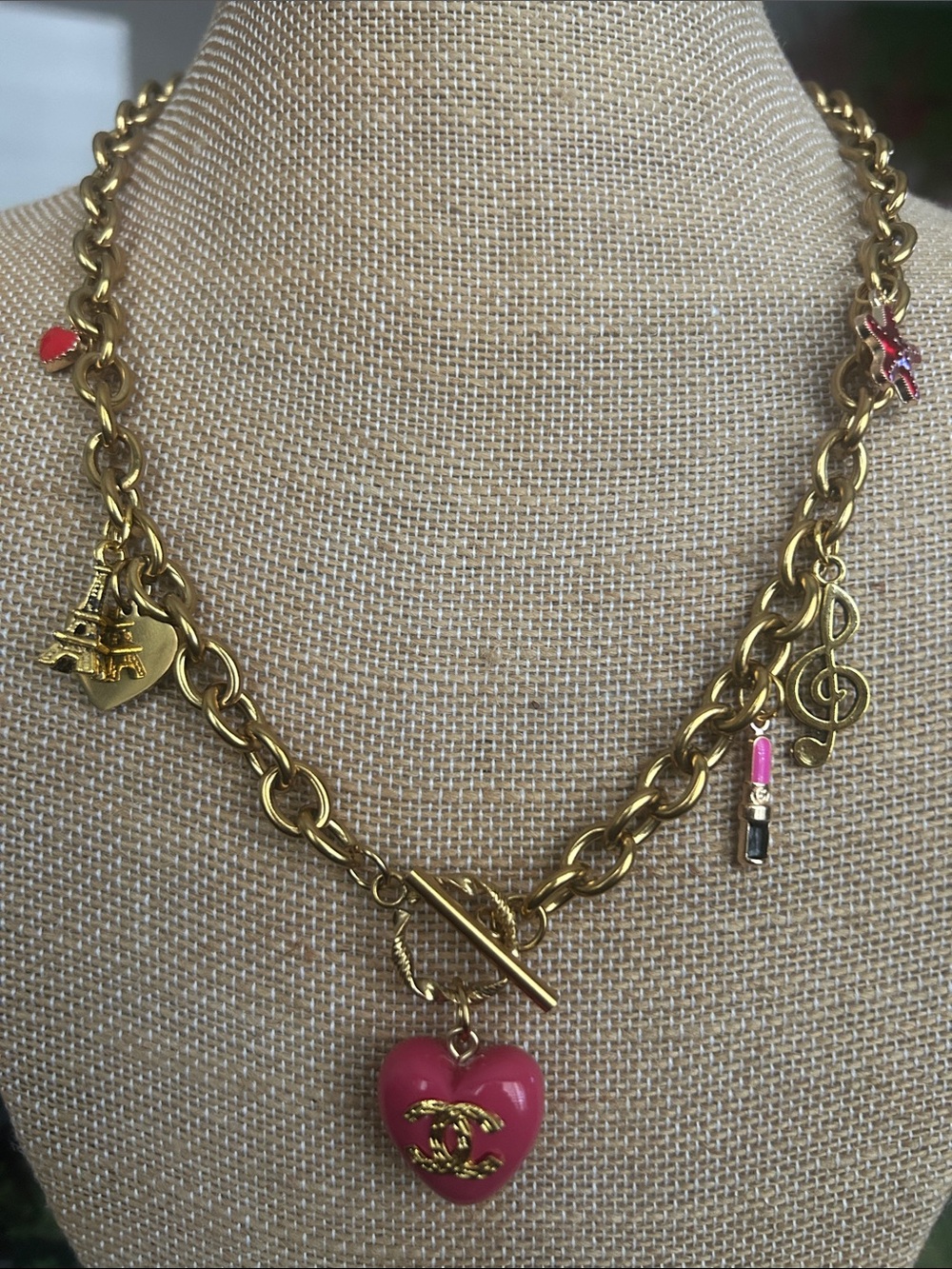 Gold-Tone Charm Necklace with Pink Heart Pendant( stamped)